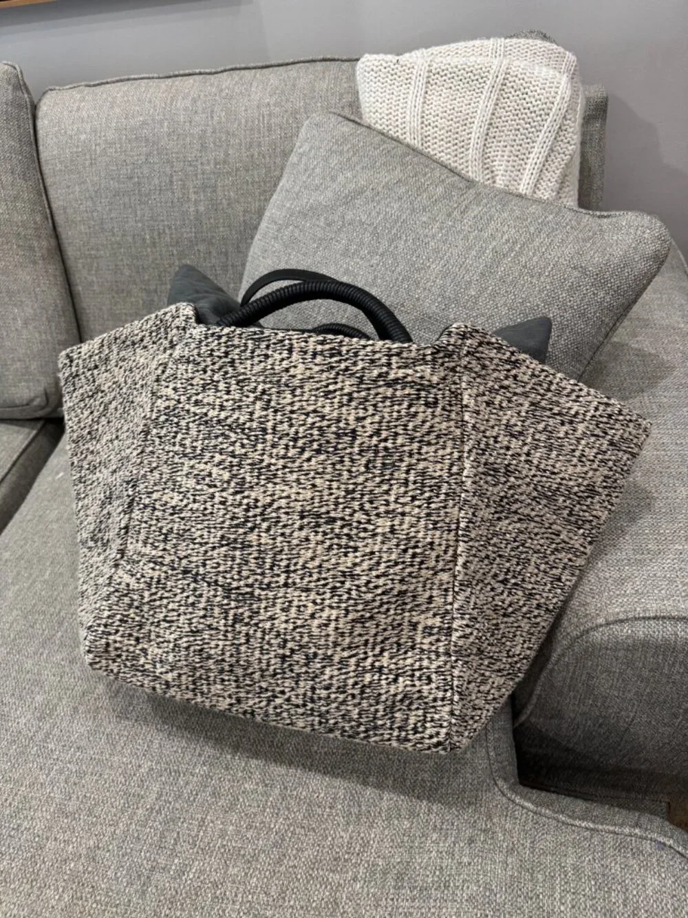 Cuyana Raffia Woven Tote Black White Leather Trim Large Quiet Luxury Beach Bag